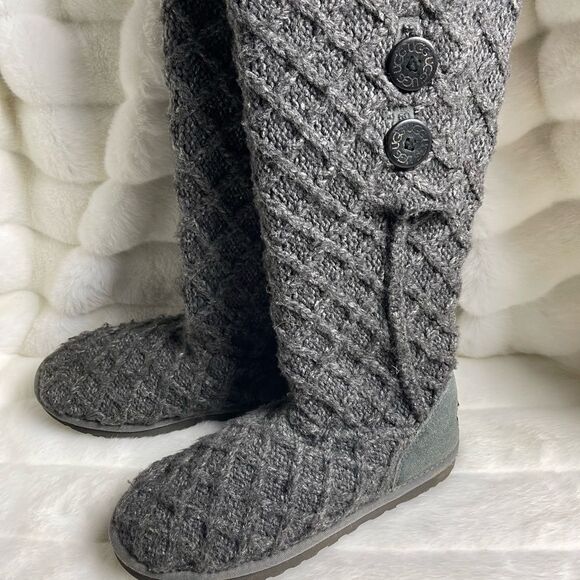 UGG Australia latice charcoal gray knit boots reversible knee high to short SZ9 - Picture 11 of 12